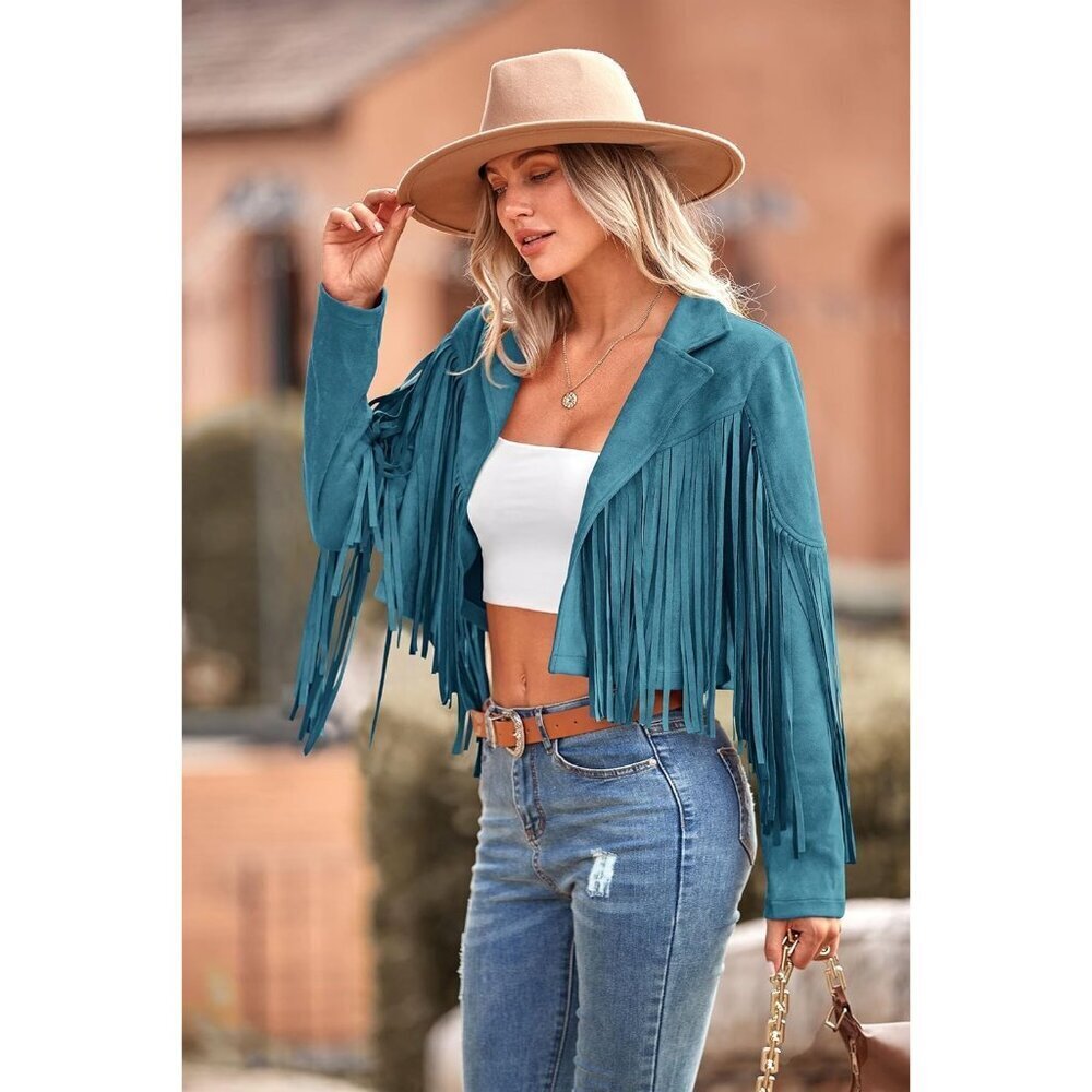 Prettygarden Women's Lake Blue Fringe Motorcycle Cropped Faux Leather Jackets - Picture 8 of 9
